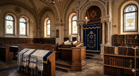 Intérieur de synagogue avec Aron Kodesh, bima et équipement religieux essentiel