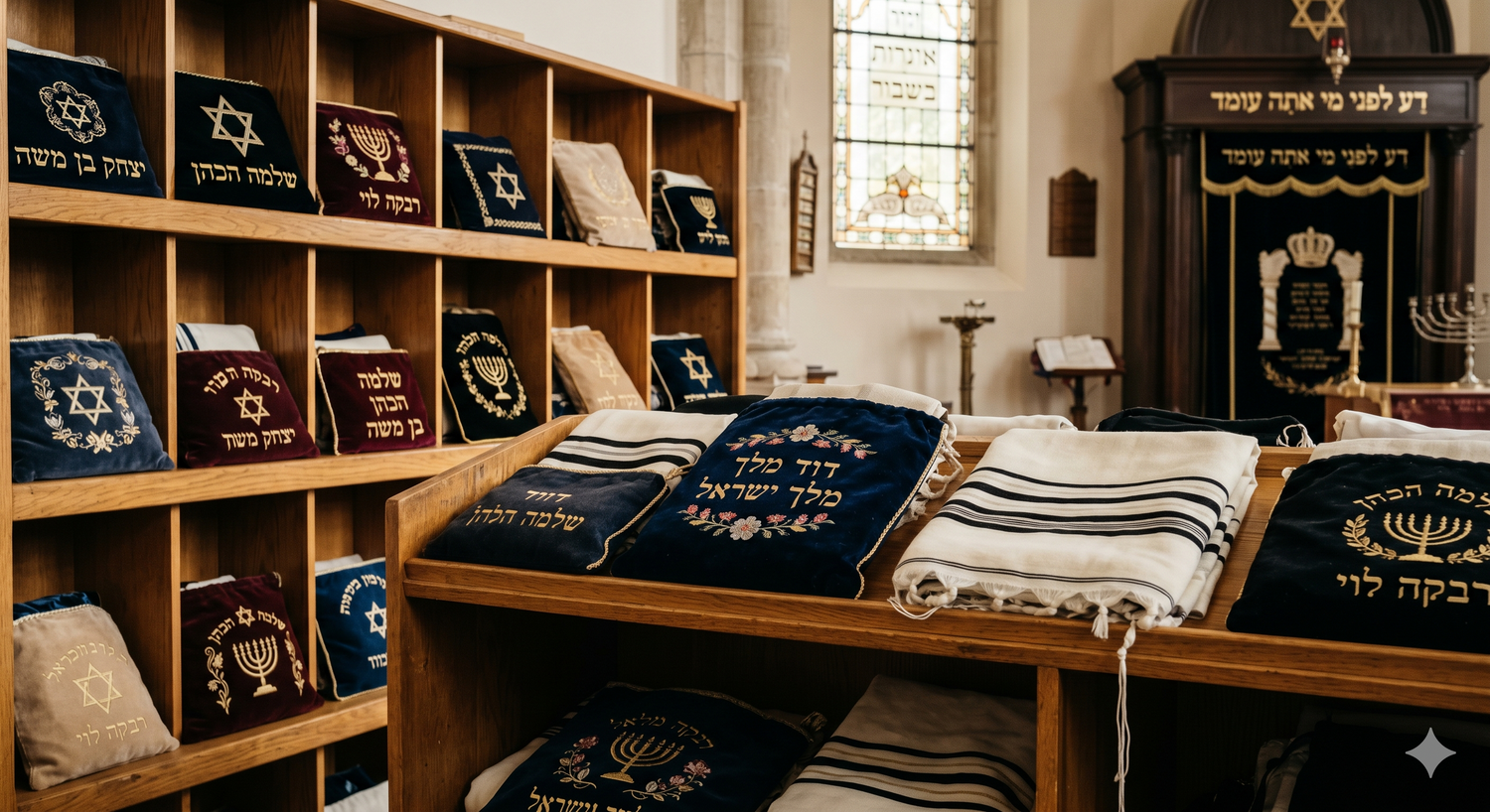 Stockage organisé de talits dans une synagogue avec housses assorties