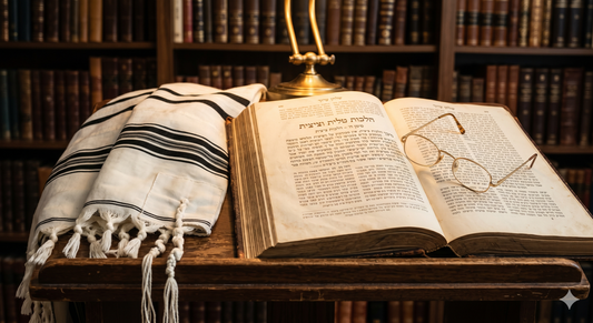 Livre de halakha ouvert avec un talit traditionnel à rayures noires