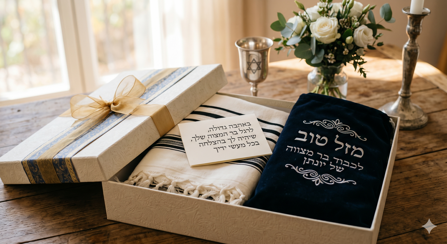 Talit emballé en cadeau avec tik brodé personnalisé pour bar mitsva ou mariage