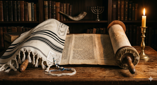 Talit traditionnel posé sur un rouleau de Torah ouvert avec versets hébreux