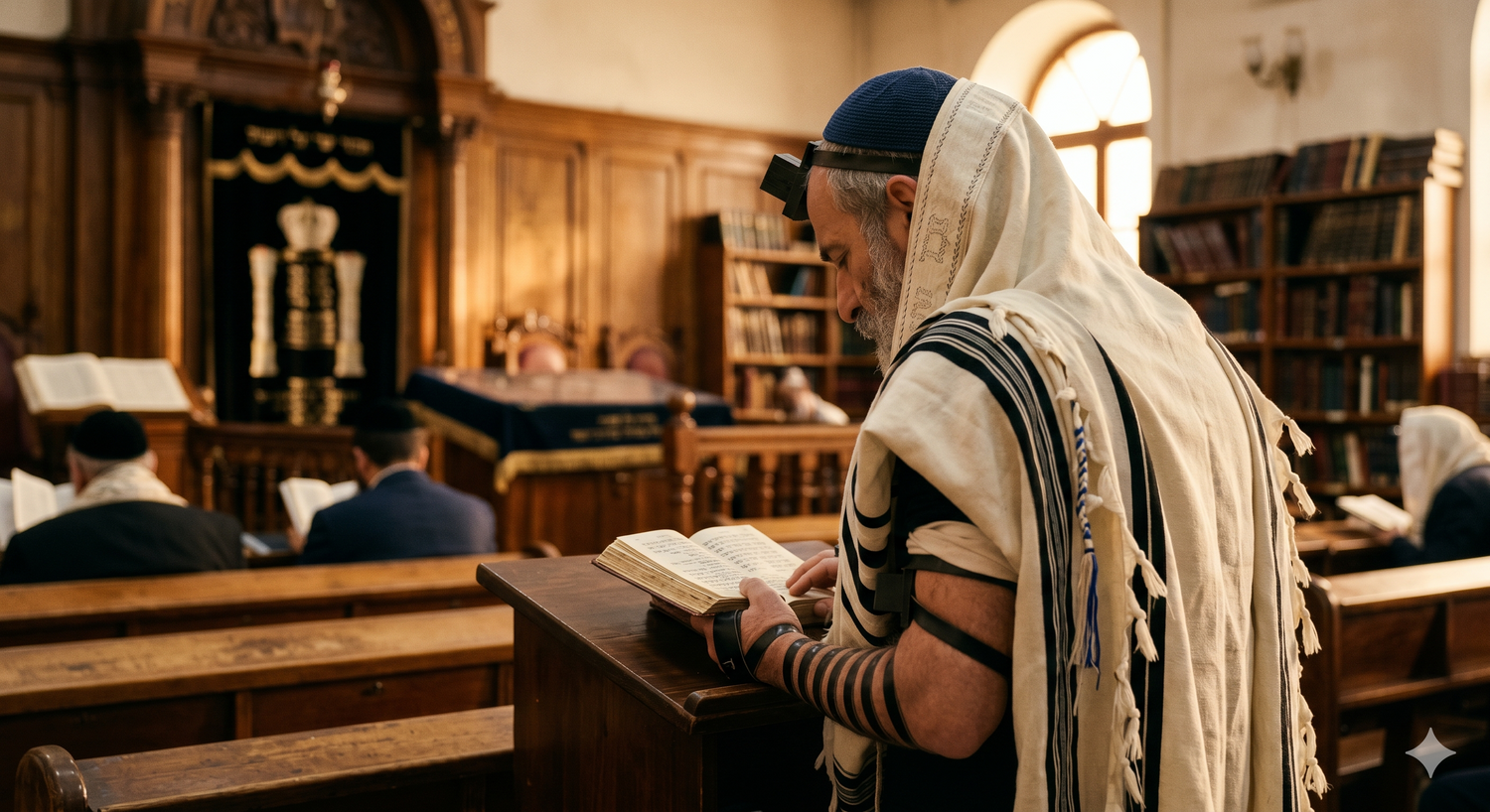 Homme juif enveloppé de son talit en prière matinale dans une synagogue