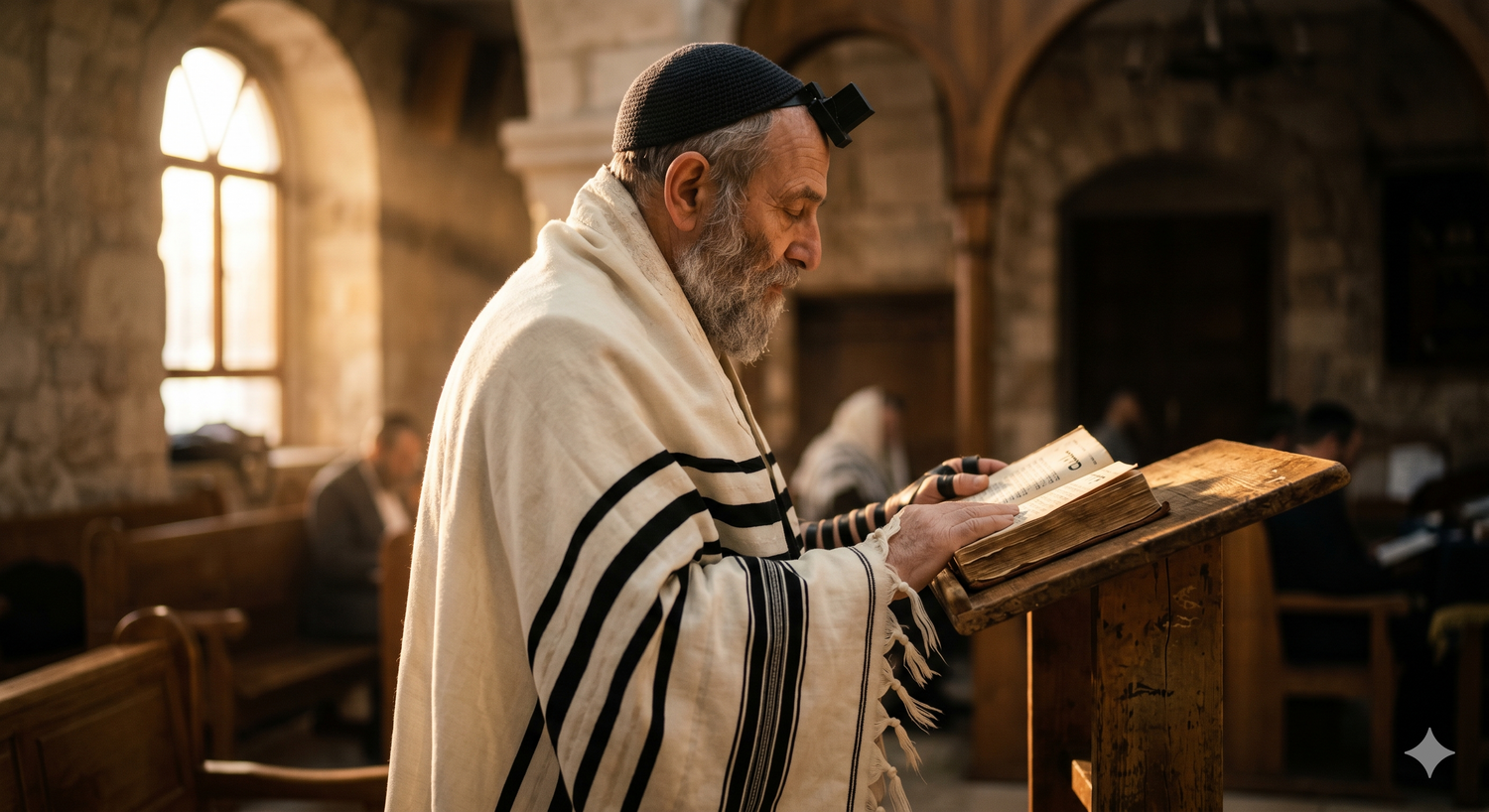 Homme juif portant son talit gadol lors de la prière matinale de Sha'harit