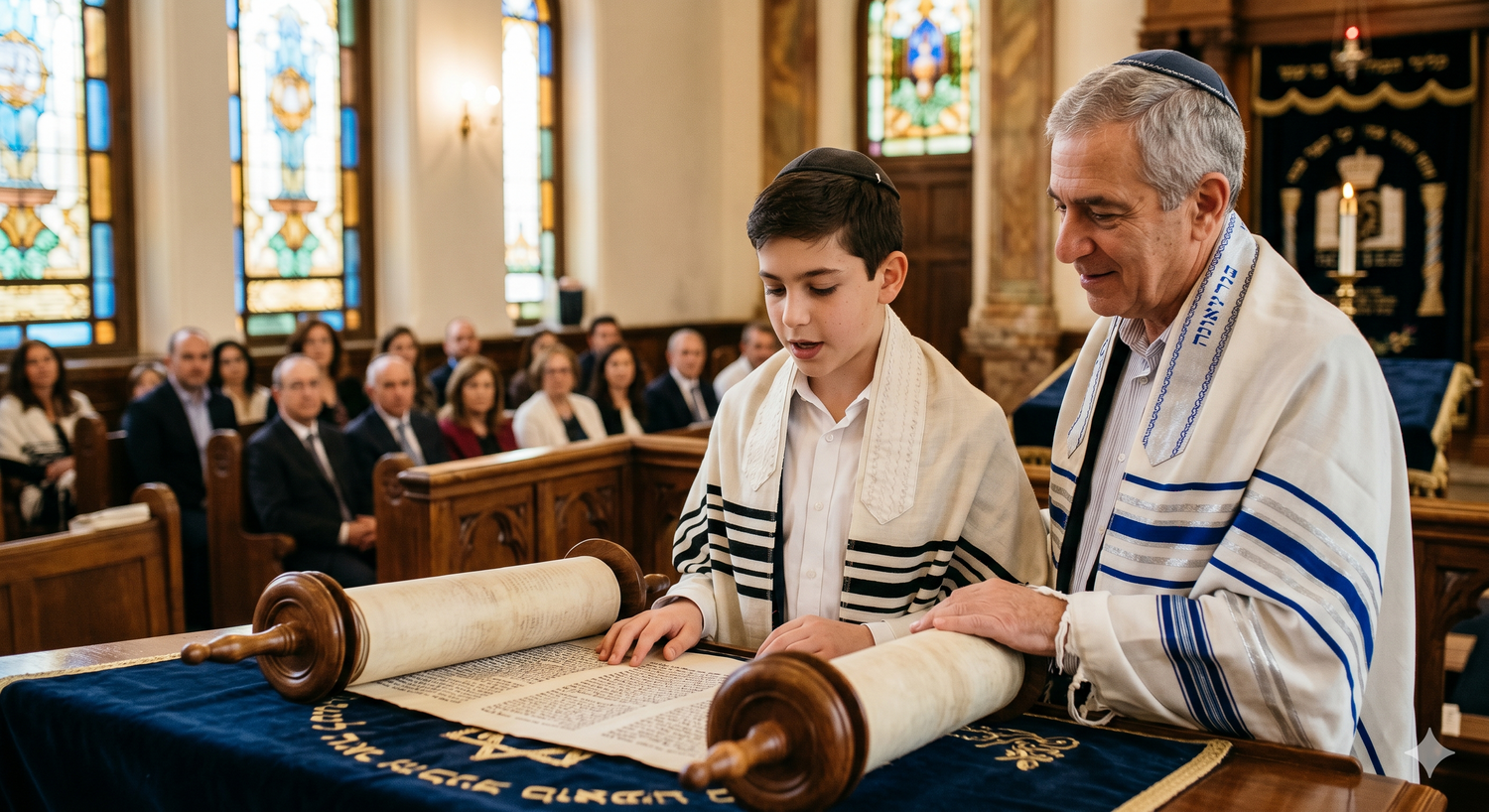 Jeune garçon lisant la Torah le jour de sa bar mitsva enveloppé de son talit