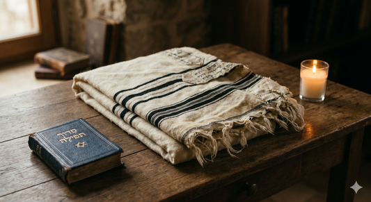 Talit traditionnel plié avec bougie commémorative évoquant la tradition funéraire juive