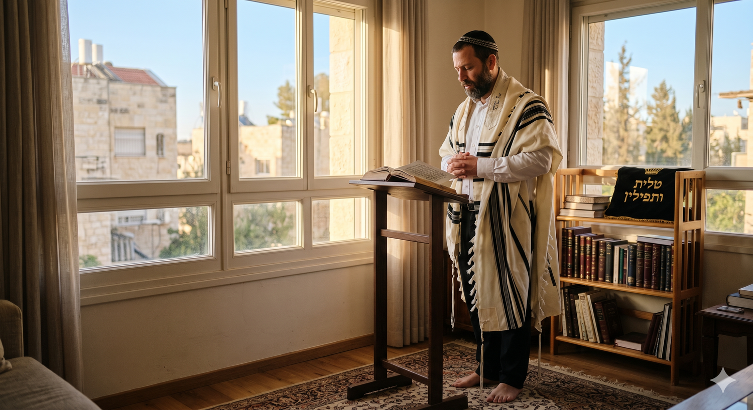 Homme juif en prière à la maison enveloppé de son talit devant son coin de prière