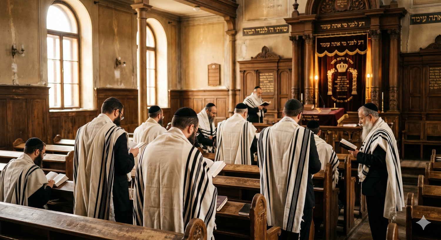 Minyan d'hommes juifs enveloppés de leurs talits lors de la prière à la synagogue