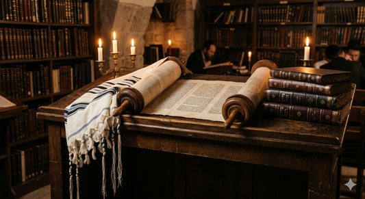Talit traditionnel posé sur la Torah avec commentaires rabbiniques à la lueur des bougies