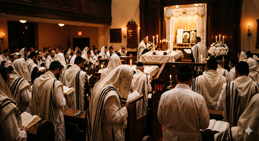 Hommes juifs en talit et kittel blanc priant à la synagogue à Yom Kippour