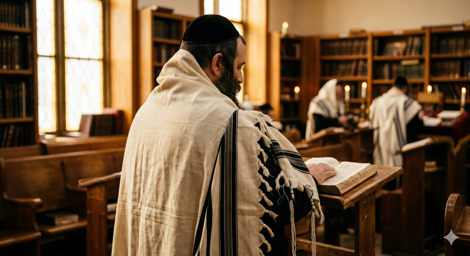 Hassid Habad en prière enveloppé de son talit Loubavitch à rayures noires